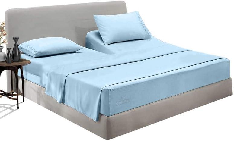 SGI bedding 28" King Split Top Flex Head Sheet 100% Egyptian Cotton Sheet Set - 600 Thread Count Flex Top Sheet Adjustable Bed - 4 Piece Sheet Set 15" Deep Pocket Sleep Number Bed - Light Blue Solid