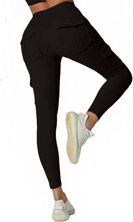 JEGGE High Waist Yoga Leggings with 4 Pockets,Tummy Control Workout Running 4 Way Stretch Cargo Pocket Leggings S