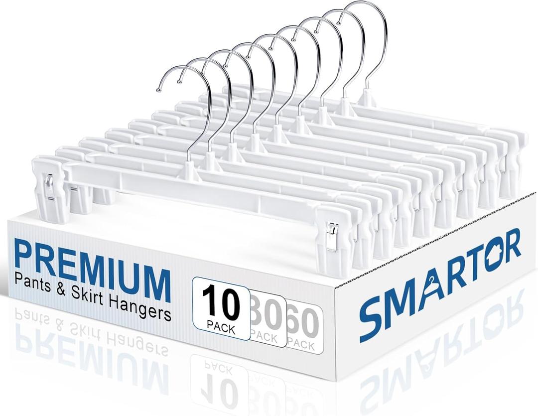 Smartor Skirt Hangers | Pants Hanger with Clips | 10 30 60 Pack | Space Saving| Durable| Strong Clips| Pant Hanger for Men| White Hangers Clips for Women Shorts, Jeans, Slacks - 10 Pack