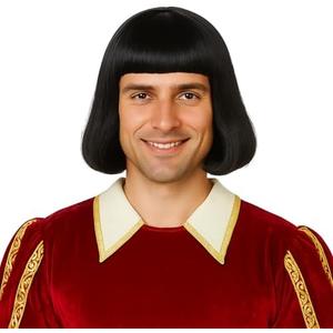 Unisex Black Bob Wig Flat Bangs, Straight Short Black Hair Wig with Wig Cap for Halloween Lord Costume Cosplay