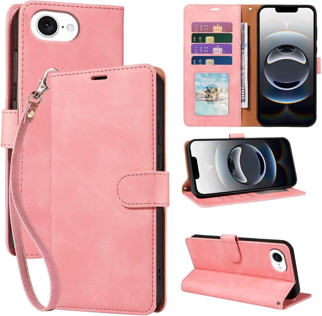 for iPhone 16e Wallet Case, RFID Blocking 4 Card Slots Holder Cover for iPhone 16e 2025 6.1 Inches, Wrist Strap, Shockproof Protective Stand Leather Folio Flip Cases (Pink)