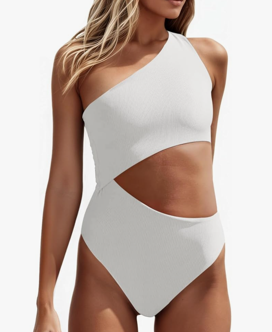 Women's One Piece Ribbed Swimsuit One Shoulder Cutout Swimwear Sexy Bathing Suit
 M