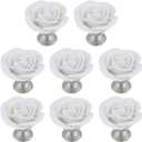 8PCS 1.65" x 1.54" White Rose with Base Knobs Ceramics Flower Shaped Pulls for Cupboard Drawer, with 2 Kinds of Screws