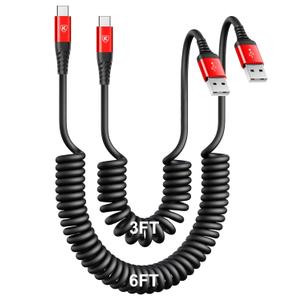 USB C Cable [3FT+6FT], 2Pack USB A to USB C 3A Fast Charging, Coiled Type C Charger Cord for Car USB-C Cable Compatible with iPhone 17/16/15/Plus/Pro/Samsung Galaxy A10e A20 A50 S20 Plus S10E-Red