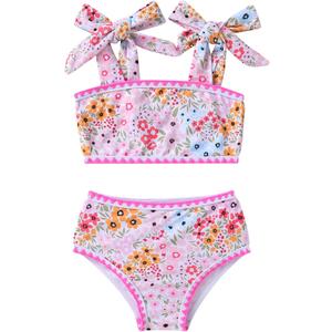 YOUNGER TREE Toddler Girls Two Pieces Swimsuit Color Block Stripe Swimwear Summer Beach Bathing Suit 18M-5T (6-7 Years, Pink Flower Bud)