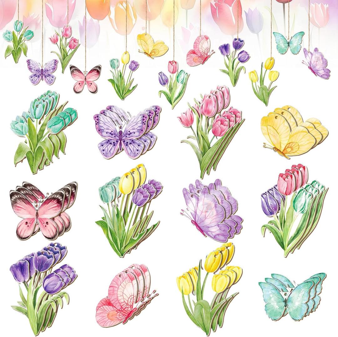 Wenqik 36 Pcs Spring Ornaments for Tree Spring Flower Tulip Wooded Decorations Easter Tree Decorations Farmhouse Hanging Sign for Holiday Easter Party Home Decoration(Butterfly)