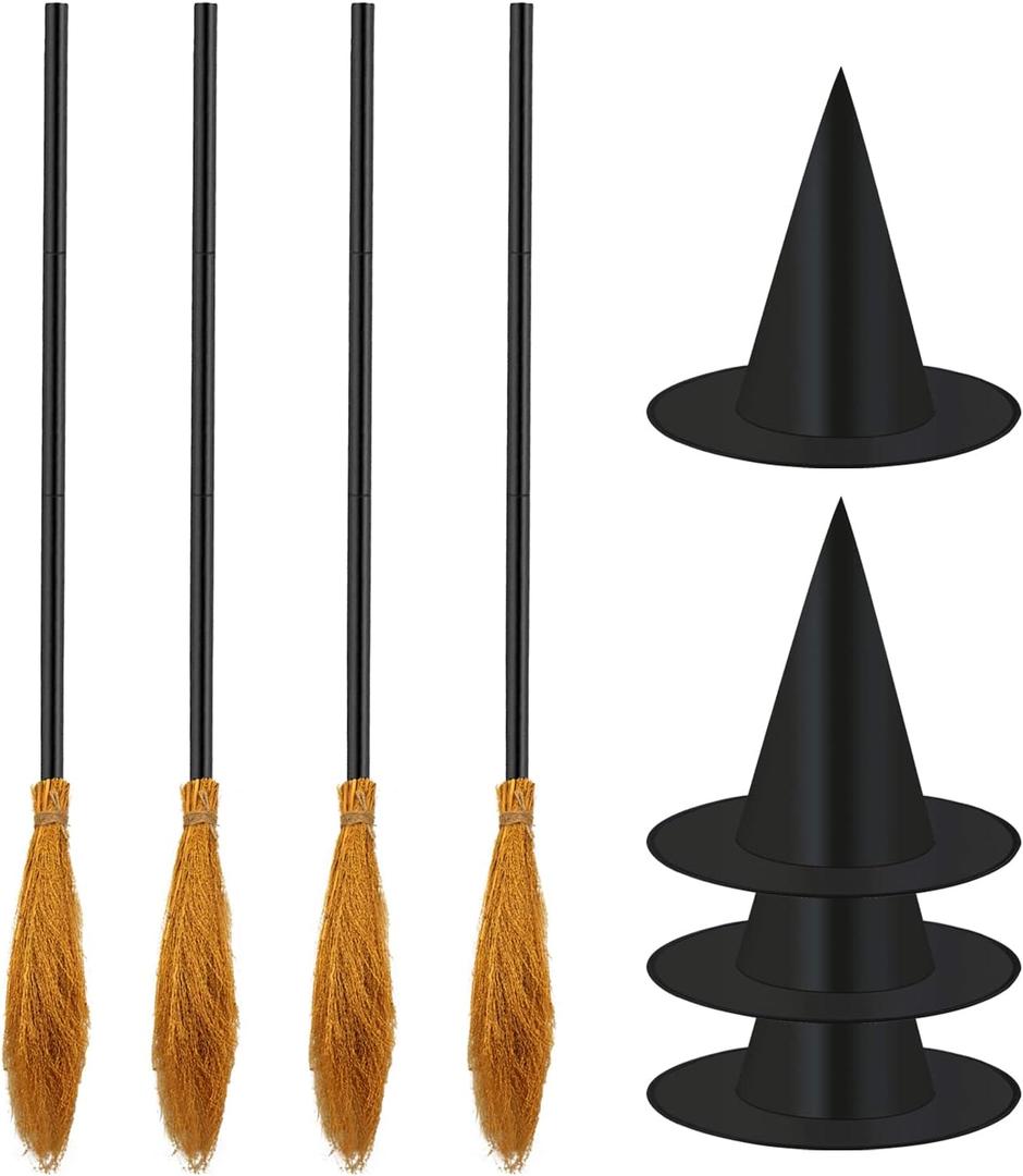 8-Piece Halloween Witch Broom Hat Set - 4 Pack Brooms & 4 Pack Hats for Halloween & Christmas Parties