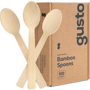 GUSTO [100 Count] Natural Bamboo Disposable Spoons - Biodegradable and Eco-Friendly Utensils for Outdoors, Parties, and Events