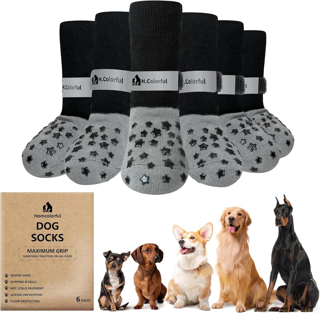 Anti-Slip Dog Socks for Hardwood Floors, Non-Slip Socks with Reflective Strips to Provide Paw Protection, Reflective Grip Socks for Senior Dogs, Prevent Licking & Scratches, 6 PCS Set - XL, Grey