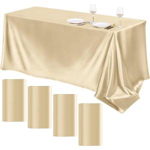 TURSTIN 4 Packs Champagne Satin Tablecloth 102 x 58 Inch Overlay Satin Table Cover Rectangle Bright Silk Tablecloth Smooth Fabric Table Decoration for Wedding Banquet Party Events