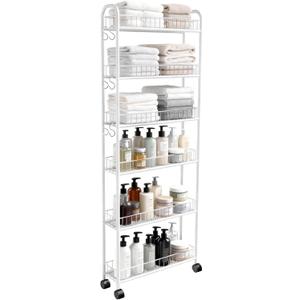 6in 6 Tier Slim Storage Cart with Wheels, Narrow Space Rolling Shelving Unit, Metal Wire Mobile Organizer Rack for Kitchen Bathroom Office Laundry, 6in White Cart