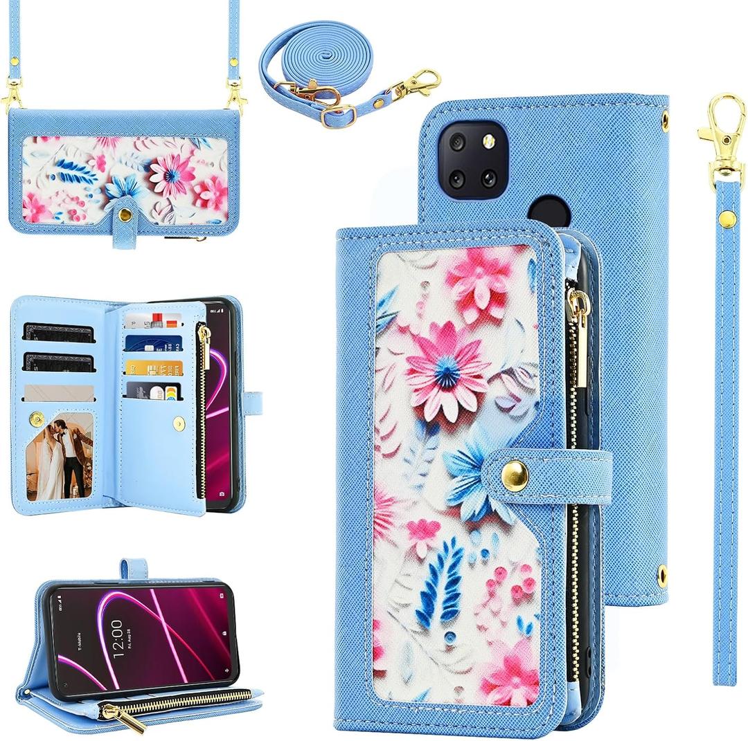 Floral Wallet Case for T-Mobile Revvl 5G Zipper Purse Women Blue | Wrist/Shoulder Strap, Credit ID Card Holder, Slots, Stand, Flip Phone Cover, for Tmobile Revvl5G T Mobile TCL Revel G5 T790W