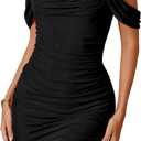 LovelyWholesale Off The Shoulder Mini Dress Sexy Mesh Bodycon Ruched Dresses Cocktail Party Club (Black, M)