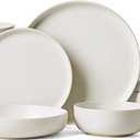 Famiware Milkyway Stoneware Dinnerware Sets with Pasta Bowls, Service for 4 (16 Pieces), Reactive Glaze Plates and Bowls Sets, Microwave and Dishwasher Safe Dishes Set, Matte Beige White