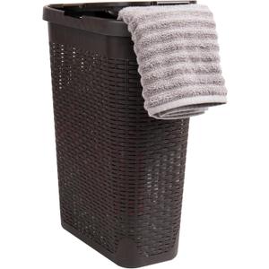 Mind Reader Slim Laundry Hamper with Lid, 40L Clothes Basket, Narrow Tapered Design with Ventilated Cutout Pattern, Plastic, Brown