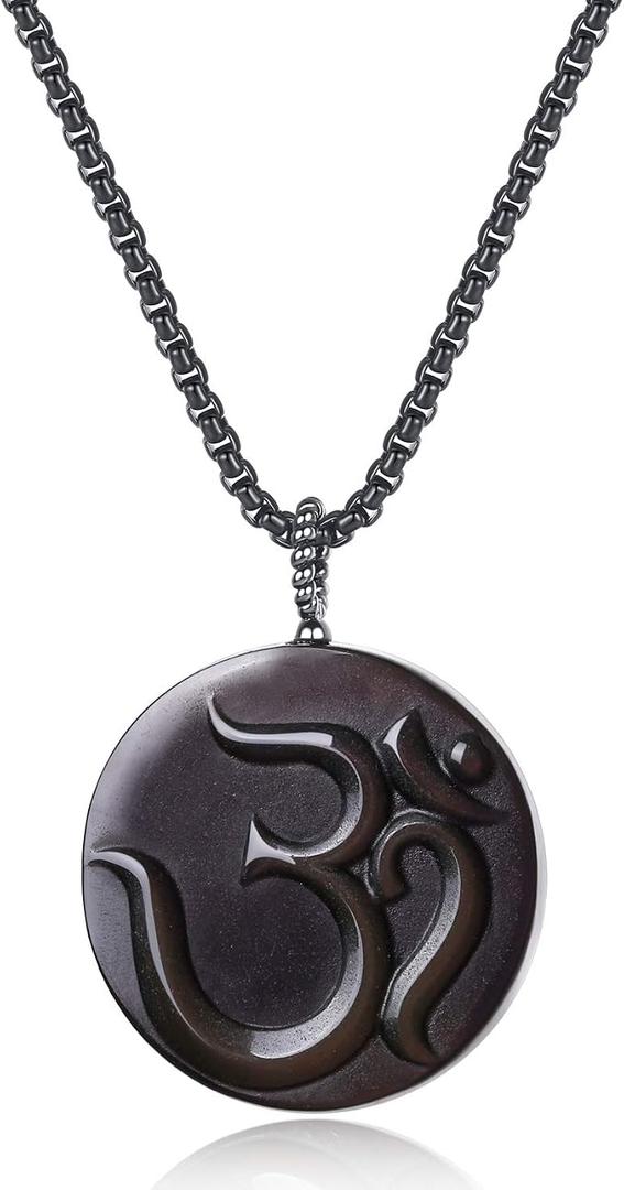 COAI OM Black Obsidian Stone Prayer Pendant Necklace for Men Women 32"