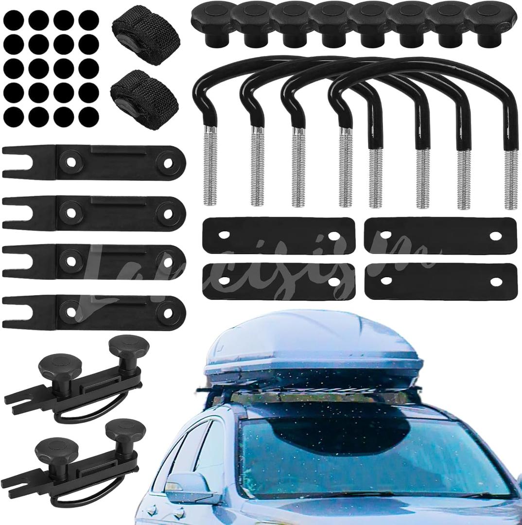 4 Pcs Roof Box U-Bolt Clamps, Upgraded Rooftop Cargo Carrier Rack Bolts, Car Van Mounting Fitting Kit 85mm Inner Width Metal U-Bracket Clips w/ 8 Lock Nuts 2 Straps (Black)