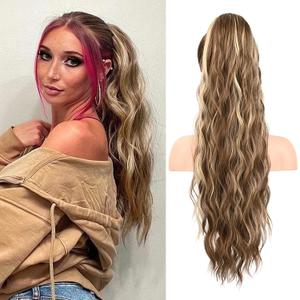 FLUFYMOOZ Ponytail Extension, 26 Inch Drawstring Ponytail Hair Extensions for Women， Long Curly Wavy Ponytail Natural Wavy Synthetic Hairpiece for Women (26 Inch Cool Brown with Blonde Highlights)