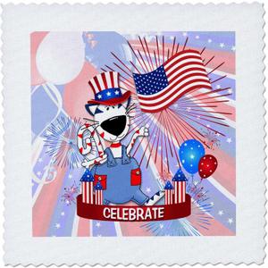 3D Rose Cute Red White and Blue Patriotic Cat with Flag and Fireworks for Kids Quilt, 10 x 10