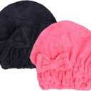 HOPESHINE Microfiber Hair Towel Cap for Women Wet Short or Long Curly Hair Super Absorbent Quick Dry Turbans Anti Frizz Great Gift for Women and Girls (Black+Rose red, 2)