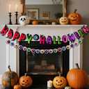 Pre-Strung Happy Halloween Banner, 9.8FT Felt Garland with 3D Eyeballs for Halloween Decorations, 2Pcs Indoor Banner for Mantle Indoor Fireplace Window Wall Home Party Decor