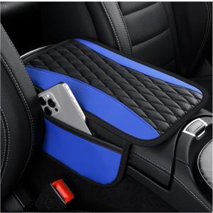 IHOTDER Patchwork Leather Center Console Covers for Cars,Upgraded Arm Rest Cover for Car with Side Storage Pocket for Car Seat Organizer,Middle Console Cover Stylish Car Decoration (Blue)