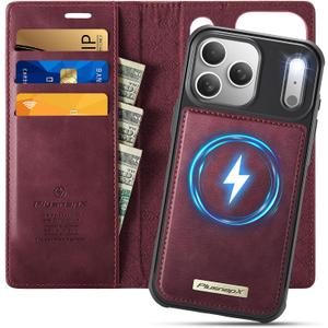 for iPhone 17 Pro Max 2in1 Detachable Wallet Phone Case, Burgundy | Compatible with Magsafe, Magnetic, RFID Blocking Card Holder, Shockproof, Kickstand, Wireless Charging, PU Leather Flip Cover