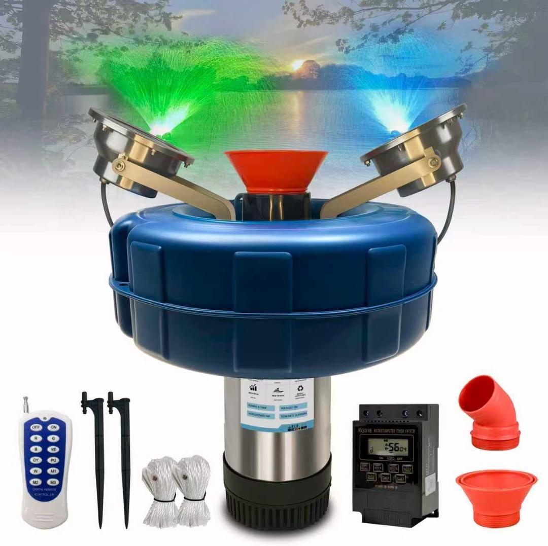 RGB LED Pond Fountain Aerator 750W with Color-Changing Light Show, 1HP 15000 GPH Floating Aerating Pump, 100ft Power CordMultiple control devices,Perfect for Ponds & Lakes (RGB)
