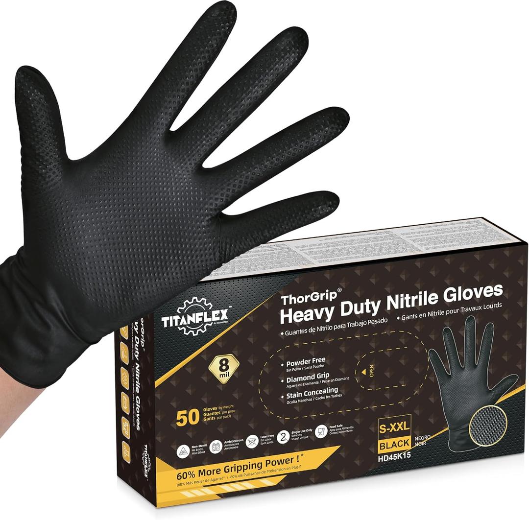 TitanFlex Thor Grip Heavy Duty Black Industrial Nitrile Gloves with Raised Diamond Texture, 8-mil, Latex Free (XL (Pack of 50))