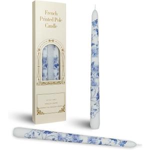 Chinoiserie Printed Taper Candle White with Water Lily Floral Candlesticks 10 Inch Drip Handmade Long Tapered Candles, Set of 2 for Wedding & Home Decor