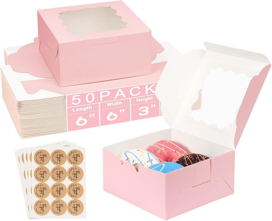 50Pcs 6x6x3 Cookie Boxes, Pink Bakery Boxes for Baked Goods, Cookies, Pastry, Strawberries, Macarons