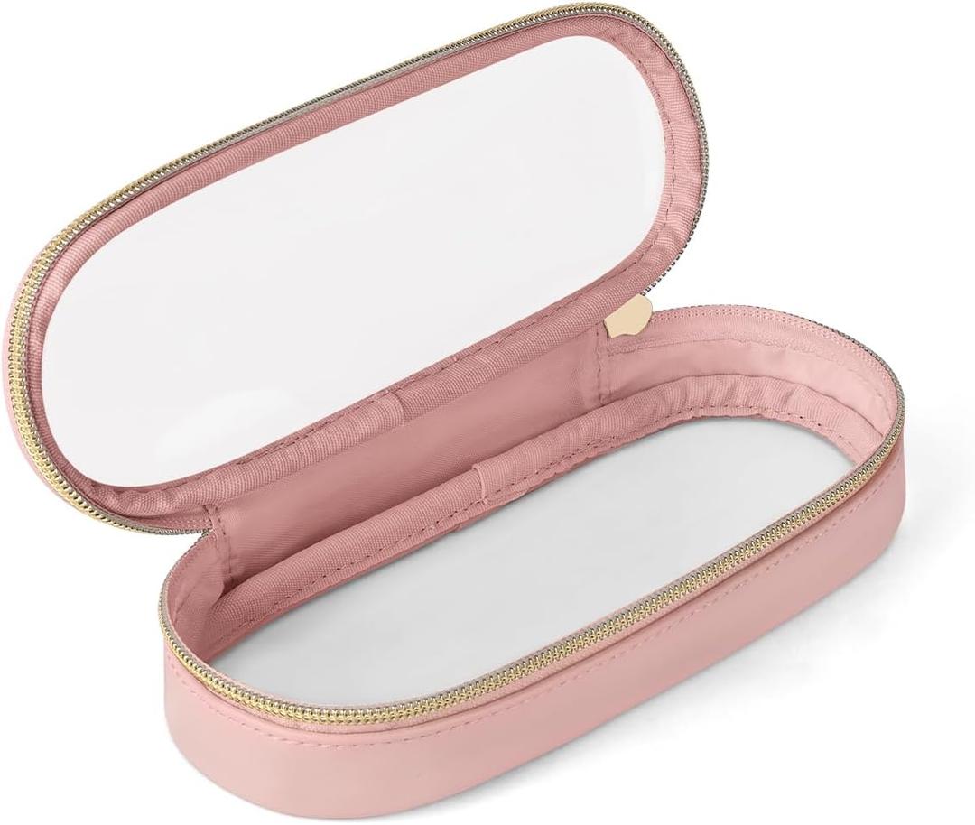 Soimeat Clear Travel Makeup Brush Holder, Leather Makeup Brush Toiletry Bag, Portable Cosmetic Brush Case, Transparent Waterproof Makeup Brush Storage Bag, Pink, Large