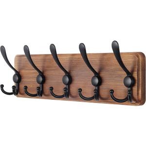 SKOLOO Rustic Wall Mounted Coat Rack: 16" Hole to Hole, Pine Real Wood Plank Wall Coat Rack with 5 Triple Hooks, Farmhouse Coat Hanger Wall Mount for Hanging Backpack Jacket Coat Hat (Brown Plate & Black Hook)