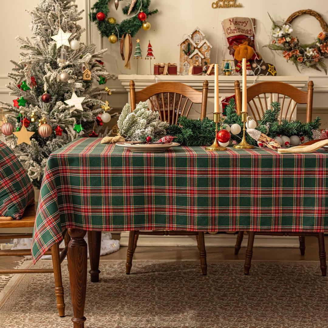 Softalker Christmas Checkered Tablecloth Rectangle - Green Buffalo Plaid Linen Cotton Gingham Xmas Table Cloths, Winter Farmhouse Table Decorations for Dining/Parties/Holiday, 54 x 80 Inch