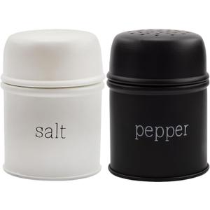 AuldHome Design Salt and Pepper Shaker Set (Matte Black/White); Contemporary Modern Farmhouse Retro Enamel Style Shaker Set