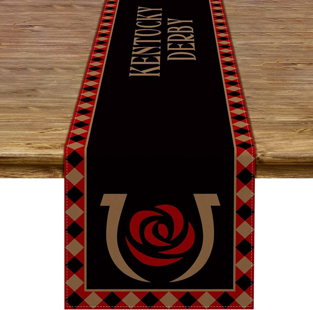 Kentucky Table Runner Derby Run for The Roses Horseshoe Horse Racing Themed Party Kitchen Dining Room Home Decoration (13" x 90")