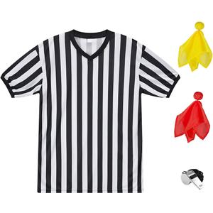 Referee Shirt Womens Men Referee Costume 4pc with Umpire Jersey Uniform Referee Flags Whistle for Football Halloween