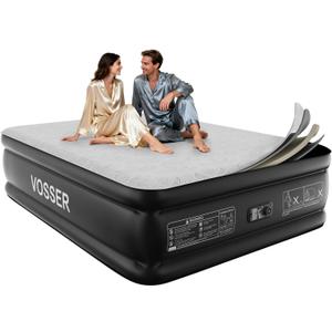 VOSSER Air Mattress with Built-in Pump,Queen 18'' Foam Topper Blow Up Mattress,Luxury Inflatable Mattress 2 Mins Self-Inflation/Deflation - Breathable and Flatness-Free for Camping, Home & Guests