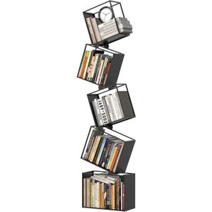 5-Tier Metal Geometric Bookshelf  Modern Narrow Floor Bookcase, Space-Saving Organizer for Living Room, Bedroom, Office, Corner  Black