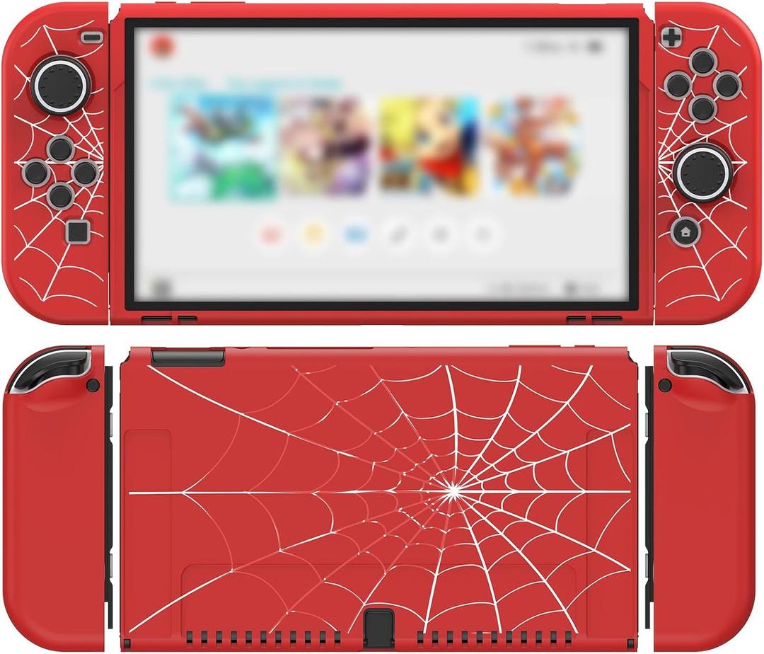 JINGDU Protective Case Compatible with Nintendo Switch OLED 2021, TPU Case Accessory for Switch Console and Grip Joy-Con, Switch Protector with 4 Thumb Grips, Red Spider Web JINGDU Protective Case Compatible with Nintendo Switch OLED 2021, TPU Case Accessory for Switch Console and Grip Joy-Con, Switch Protector with 4 Thumb Grips, Red Spider Web