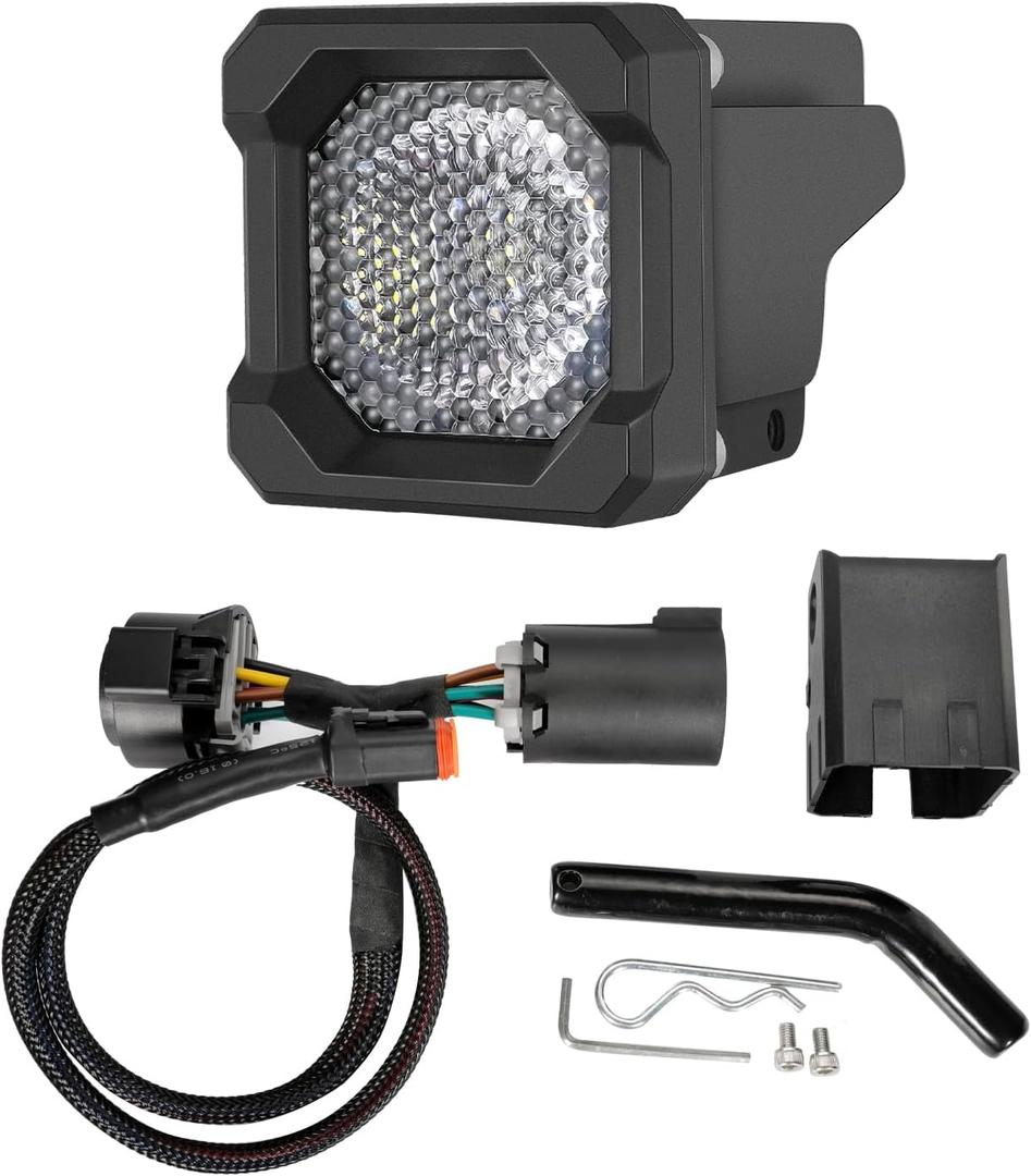 Hitch Mount Reverse Light Kit, LED Reverse Light Pod for 2” Hitch Receiver, No Drilling for Trucks, Pickups, SUVs, Off-Road Vehicles — For Use with USCAR 7-Way Trailer Connectors Only