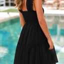 PRETTYGARDEN Womens 2025 Trendy Mini Summer Dresses Sleeveless Tulle Ruffle Square Neck Tiered Smocked Beach Vacation Dress (Black)