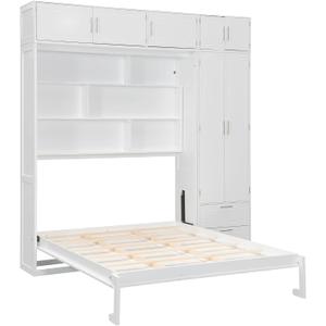 Merax Queen Size Murphy Bed with Top Cabinet, Shelves and Wardrobe, Fold into The Wall, Space-Saving Design Foldable Platform Bed Frame, Multifunctional Bed for Bedroom, Guest Room, Home Office, White