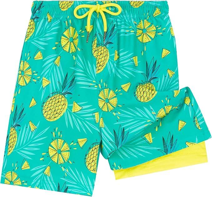 UMELOK Boys Swim Trunks with Compression Liner Toddler Swimsuit, 2T 3T, Green Pineapple