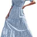 BTFBM Women Casual Summer Dresses 2026 Spring Crew Neck Ruffle Short Sleeve Smocked Floral Boho Flowy Maxi Dress Clothes (Blue, M)