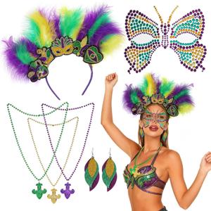 Halloween Carnival Mask Costume Accessory Set, Faux Feather Headpice Butterfly Diamond Face Stickers Headband Beads Necklace Earrings for Anniversary Carnival Festival Outfit Women