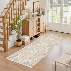 Madane Washable Runner Rug - 2x6 Rug Runners for Hallways 6 Feet Non Slip Vintage Kitchen Runner Rug Ultra-Thin Bathroom Runner Rugs Carpet Laundry Room Bedroom (2x6ft, Pink/Gray)