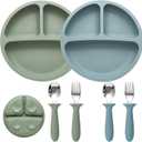 Baby Feeding Set, 2 Pack Silicone Divided Suction Plates for Baby, 2 Pack Spoons and Forks Set, BPA Free, Baby Led Weaning Supplies for Toddler Utensils (Blue)