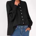 PRETTYGARDEN Fall Lantern Long Sleeve Shirts for Women 2026 Trendy Button Vneck Pullover Henley Tops Dressy Work Blouses (Black, M)