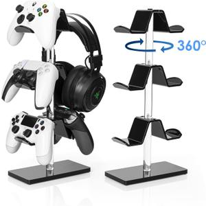 OAPRIRE 3 Tier Acrylic Controller Stand | Gaming Gear Organizer, Universal Controller Holder with Wide Reinforced Base, 360 Rotation, Built-in Cable Management Hole, Black